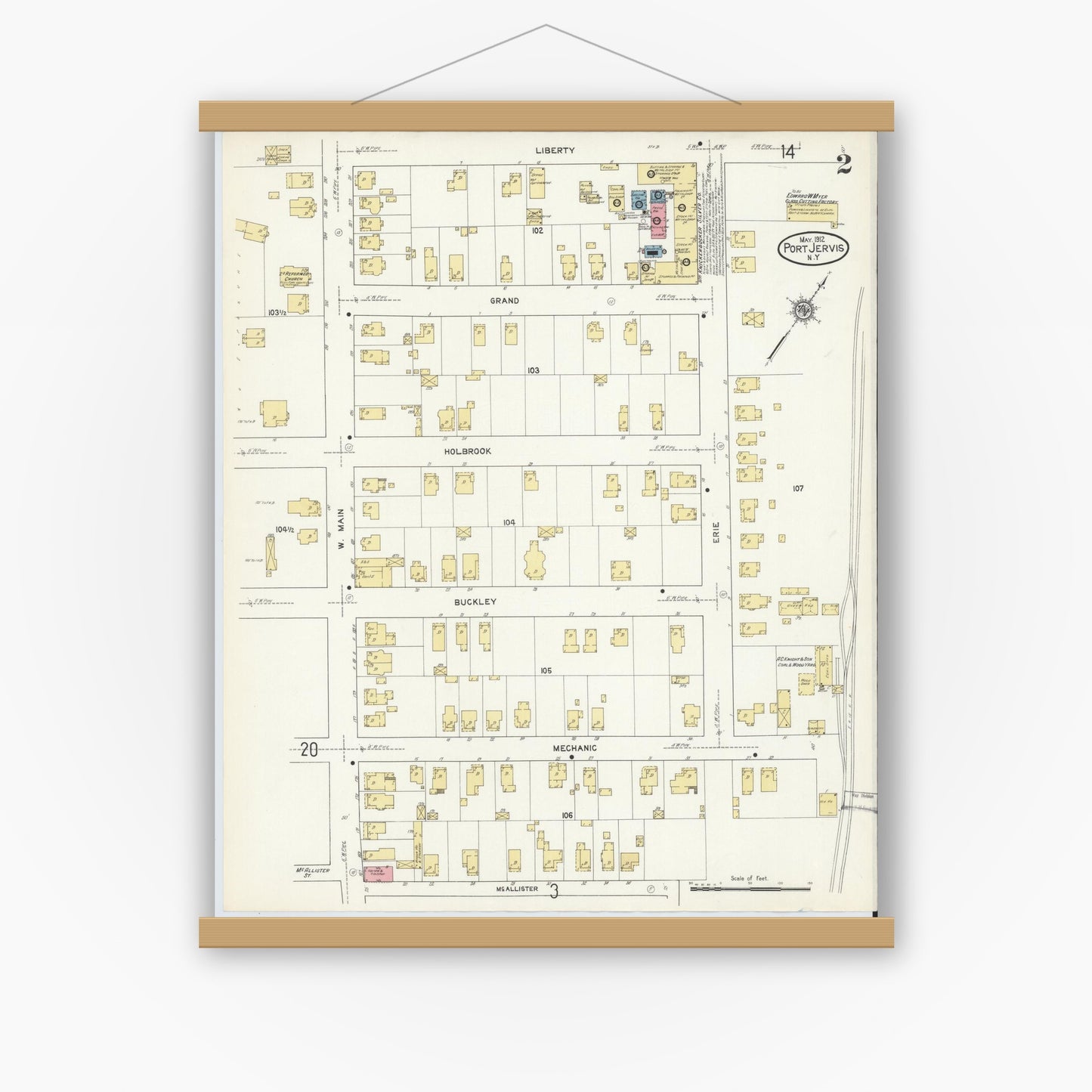 Old map wall art mockup — magnetic wood frame on white wall — Sanborn Fire Insurance Map from Port Jervis, Orange County, New York (1912), Sheet #0002