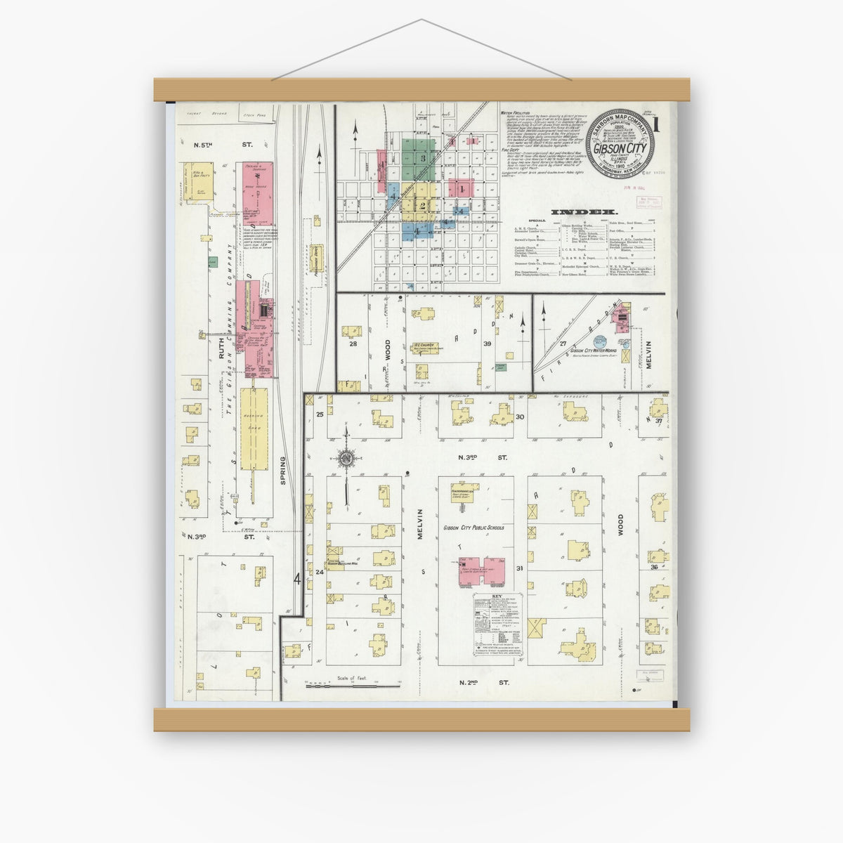 Old map wall art mockup — magnetic wood frame on white wall — Sanborn Fire Insurance Map from Gibson City, Ford County, Illinois (1910), Sheet #0001
