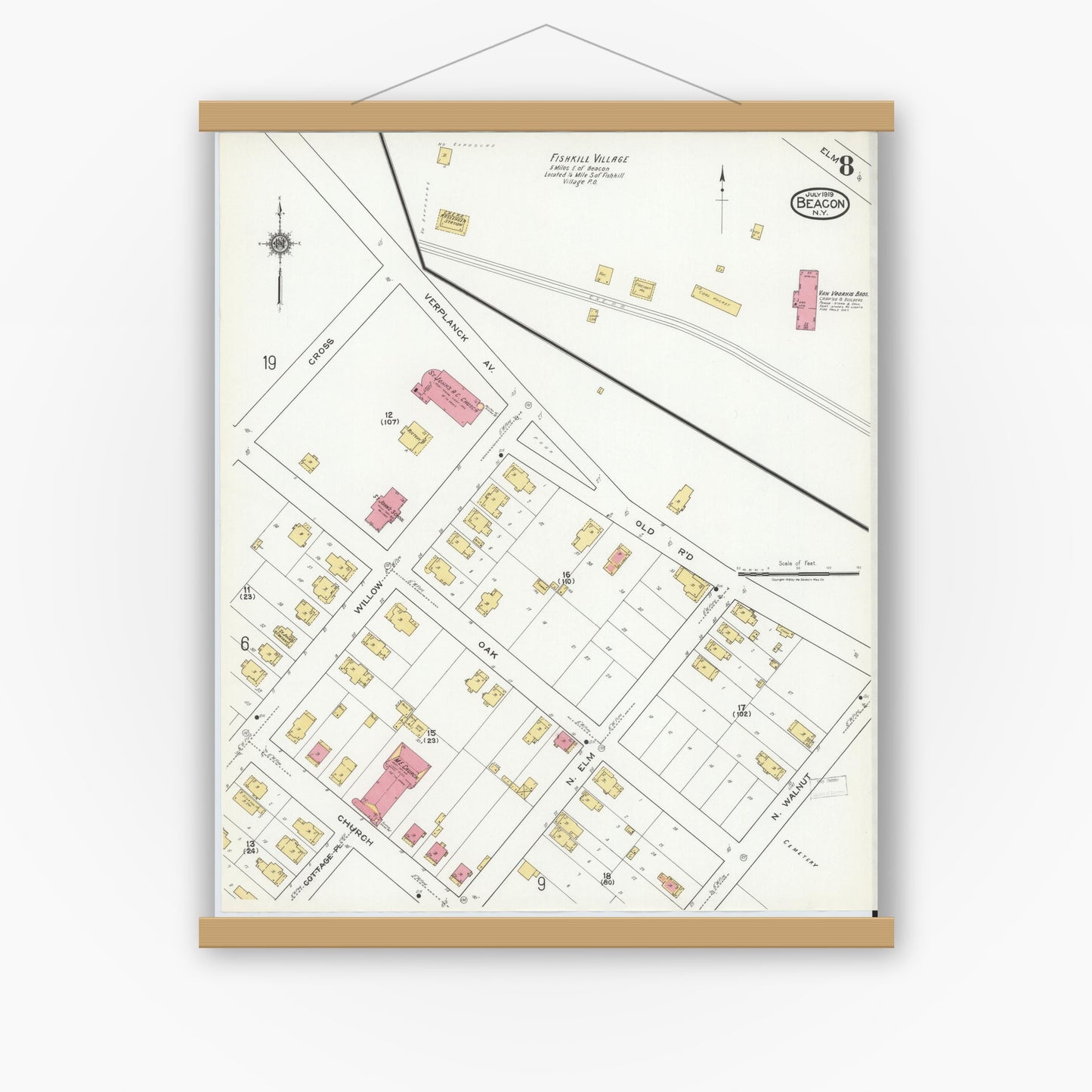 Old map wall art mockup — magnetic wood frame on white wall — Sanborn Fire Insurance Map from Beacon, Dutchess County, New York (1919), Sheet #0008