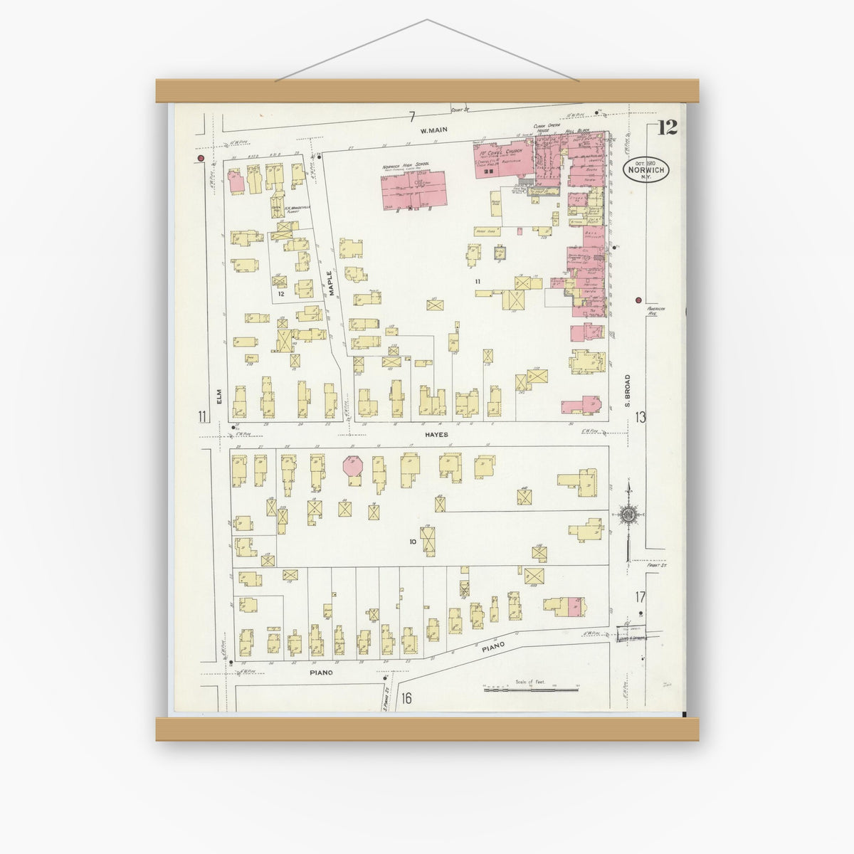 Old map wall art mockup — magnetic wood frame on white wall — Sanborn Fire Insurance Map from Norwich, Chenango County, New York (1910), Sheet #0012