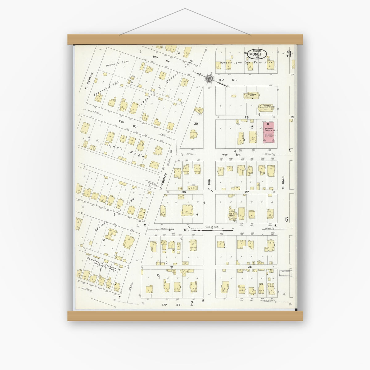 Old map wall art mockup — magnetic wood frame on white wall — Sanborn Fire Insurance Map from Monett, Barry County, Missouri (1910), Sheet #0003