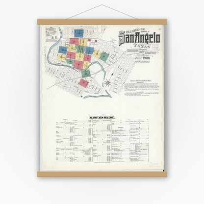 Old map wall art mockup — magnetic wood frame on white wall — Sanborn Fire Insurance Map from San Angelo, Tom Green County, Texas (1908), Sheet #0001