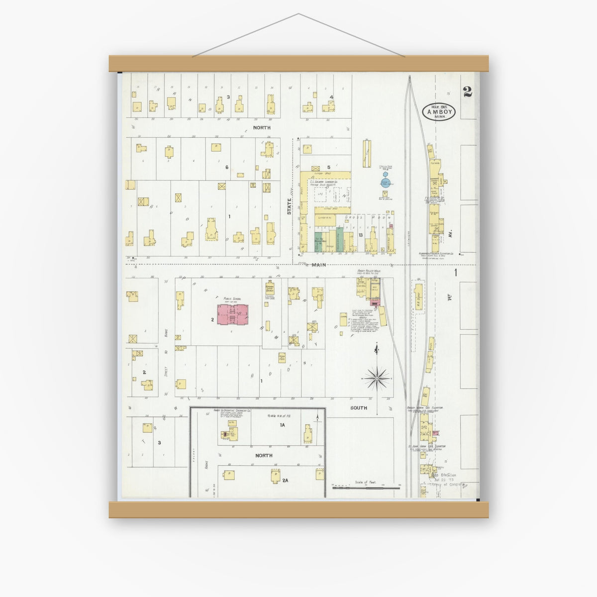 Old map wall art mockup — magnetic wood frame on white wall — Sanborn Fire Insurance Map from Amboy, Blue Earth County, Minnesota (1905), Sheet #0002