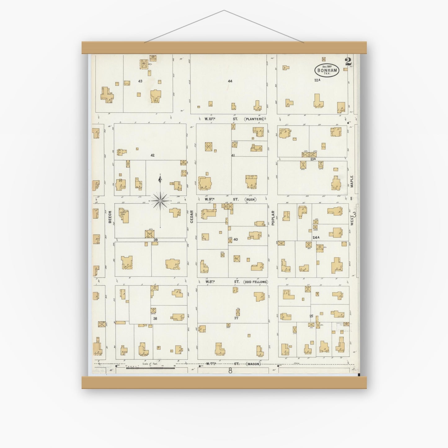 Old map wall art mockup — magnetic wood frame on white wall — Sanborn Fire Insurance Map from Bonham, Fannin County, Texas (1897), Sheet #0002