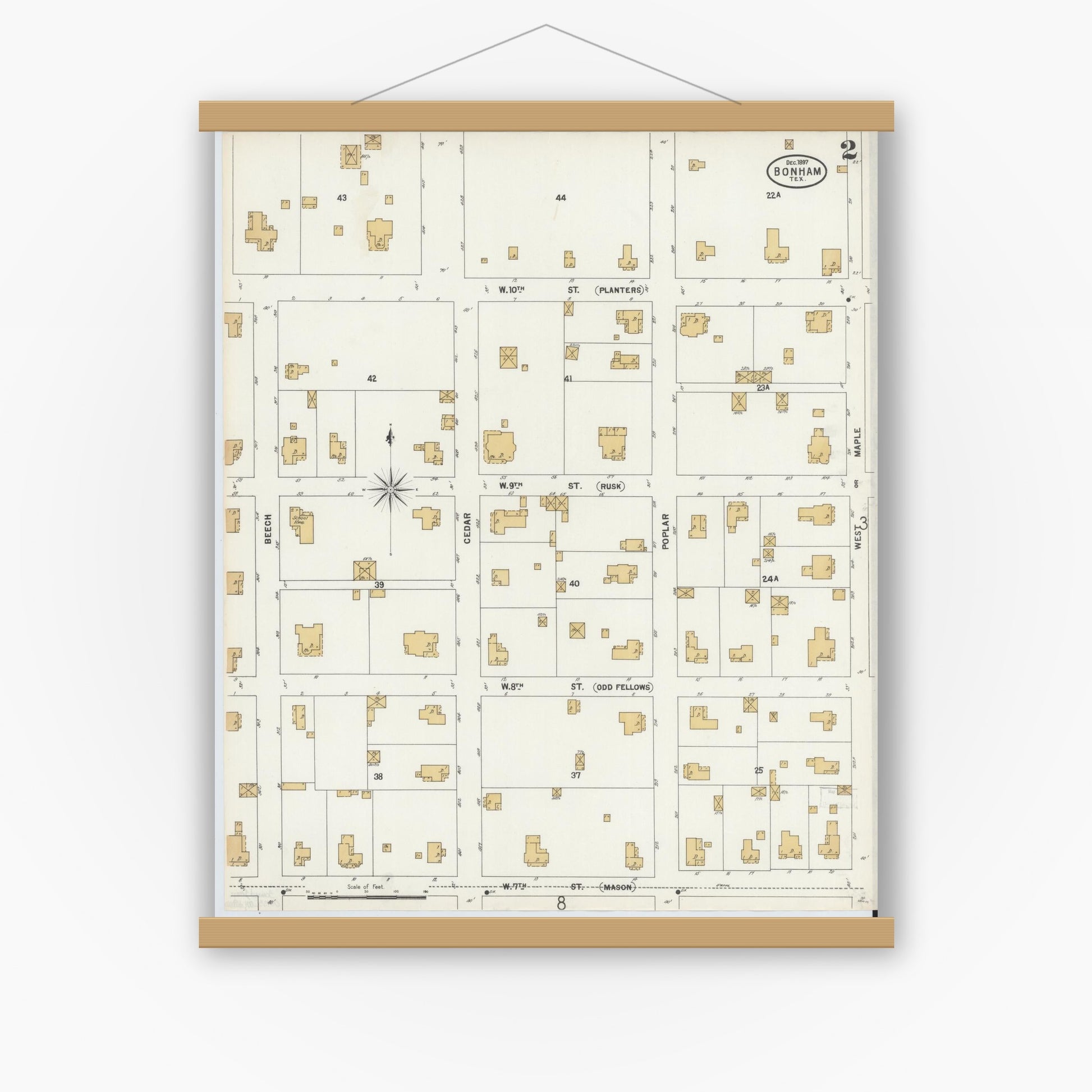 Old map wall art mockup — magnetic wood frame on white wall — Sanborn Fire Insurance Map from Bonham, Fannin County, Texas (1897), Sheet #0002