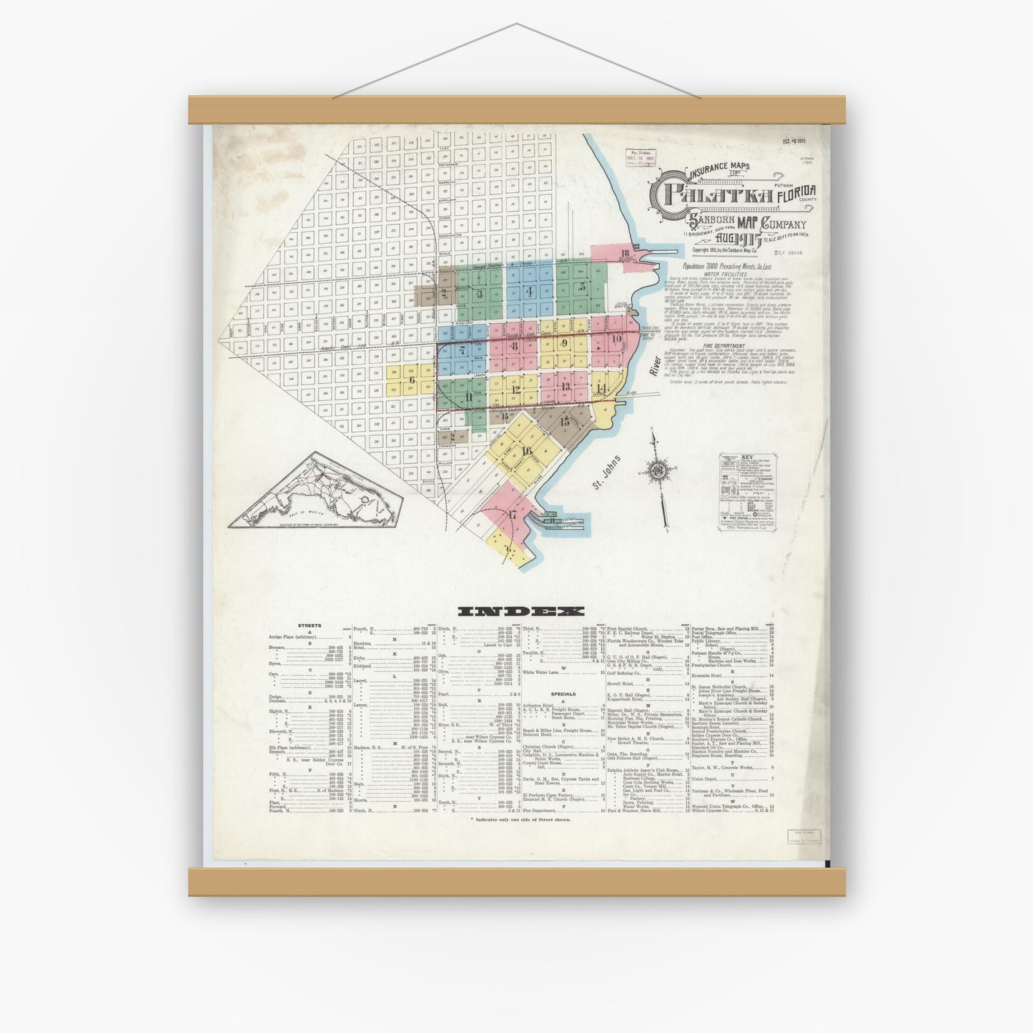 Old map wall art mockup — magnetic wood frame on white wall — Sanborn Fire Insurance Map from Palatka, Putnam County, Florida (1915) - Complete Map Set