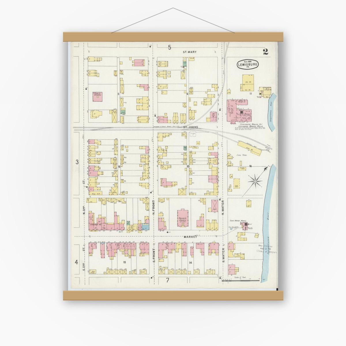 Old map wall art mockup — magnetic wood frame on white wall — Sanborn Fire Insurance Map from Lewisburg, Union County, Pennsylvania (1896), Sheet #0002