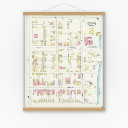Old map wall art mockup — magnetic wood frame on white wall — Sanborn Fire Insurance Map from Lewisburg, Union County, Pennsylvania (1896), Sheet #0002