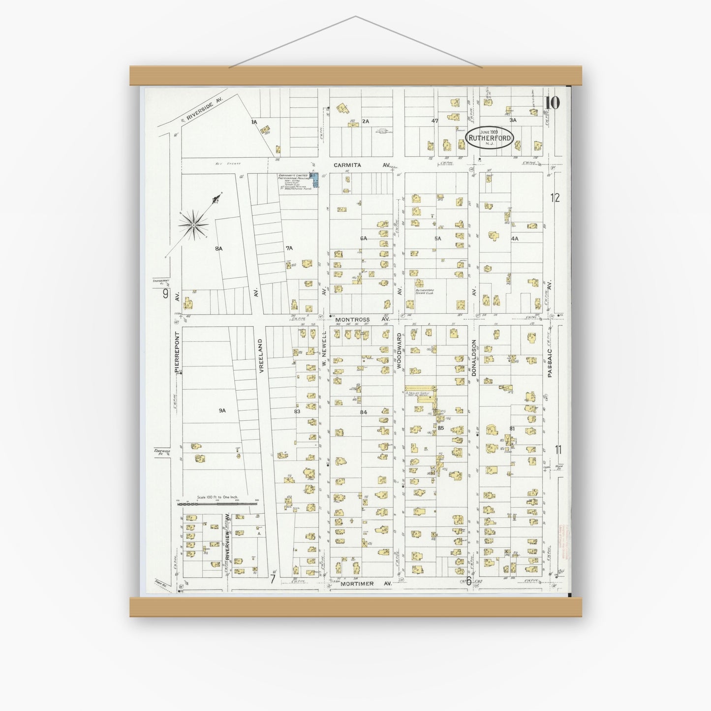 Old map wall art mockup — magnetic wood frame on white wall — Sanborn Fire Insurance Map from Rutherford, Bergen County, New Jersey (1909), Sheet #0010