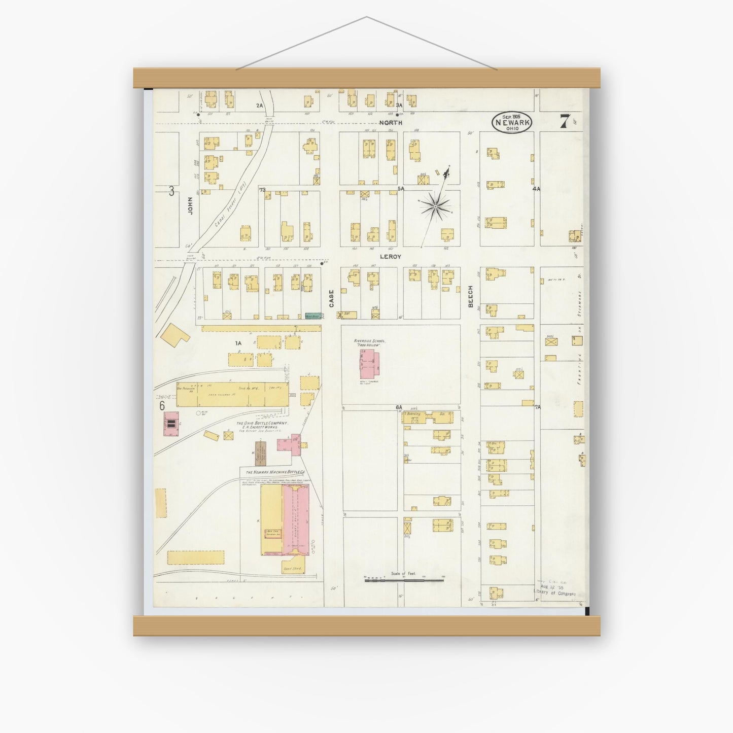 Old map wall art mockup — magnetic wood frame on white wall — Sanborn Fire Insurance Map from Newark, Licking County, Ohio (1905), Sheet #0007