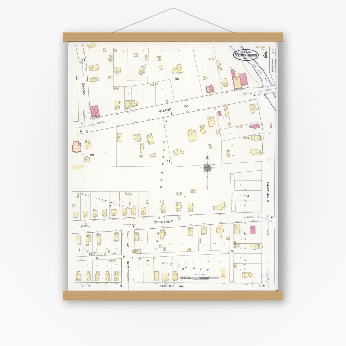 Old map wall art mockup — magnetic wood frame on white wall — Sanborn Fire Insurance Map from Port Washington, Ozaukee County, Wisconsin (1922), Sheet #0004