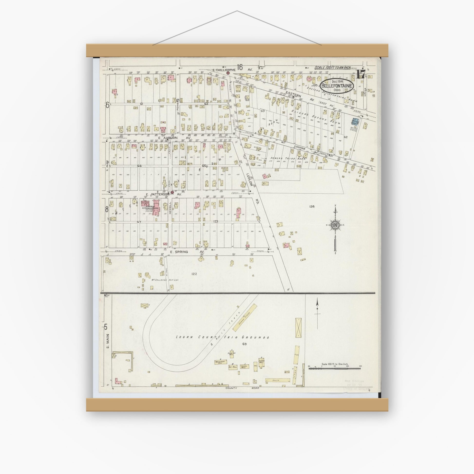 Old map wall art mockup — magnetic wood frame on white wall — Sanborn Fire Insurance Map from Bellefontaine, Logan County, Ohio (1914), Sheet #0017