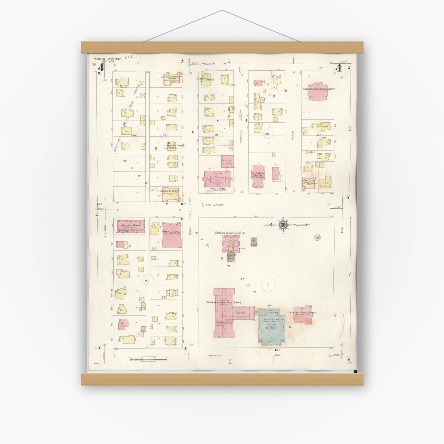 Old map wall art mockup — magnetic wood frame on white wall — Sanborn Fire Insurance Map from Webster City, Hamilton County, Iowa (1950), Sheet #0004