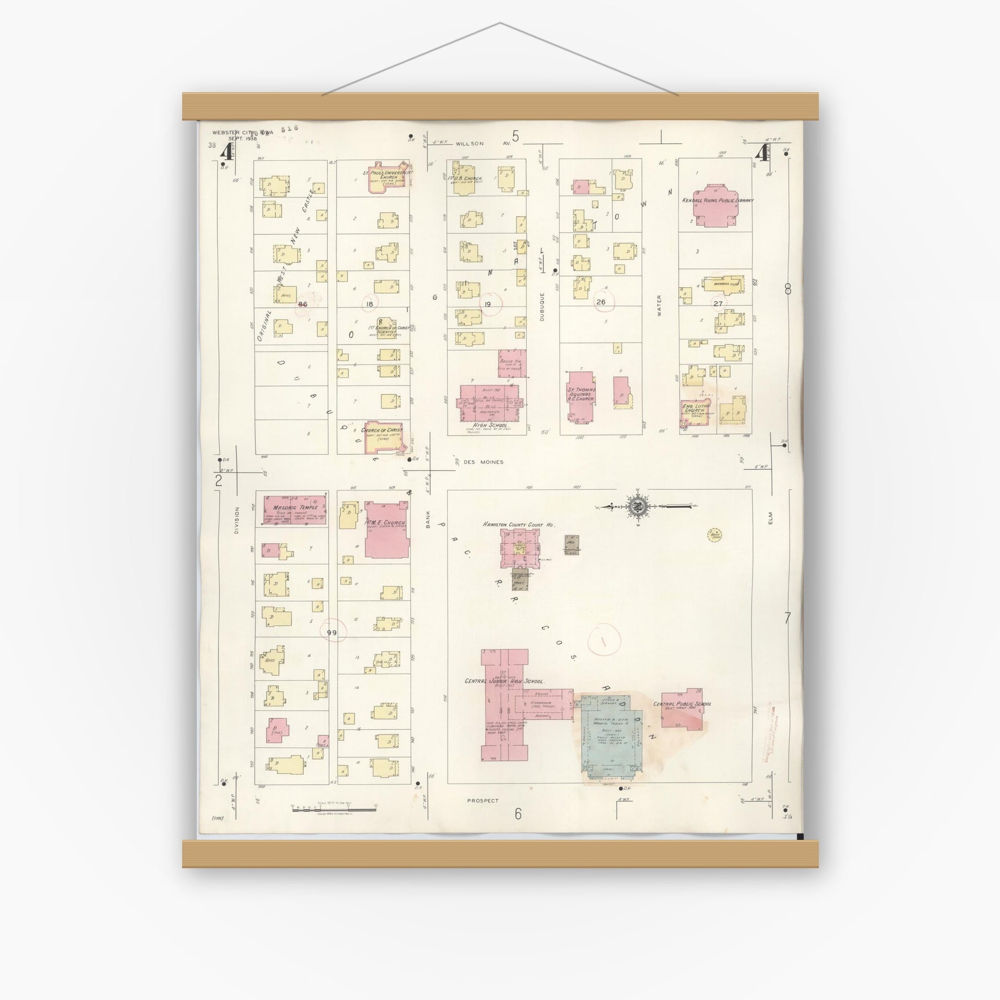 Old map wall art mockup — magnetic wood frame on white wall — Sanborn Fire Insurance Map from Webster City, Hamilton County, Iowa (1950), Sheet #0004