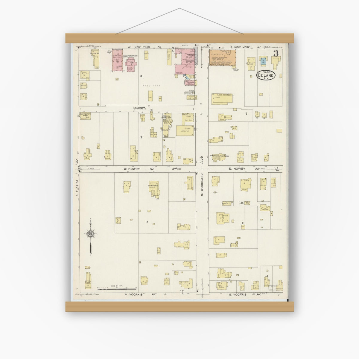 Old map wall art mockup — magnetic wood frame on white wall — Sanborn Fire Insurance Map from De Land, Volusia County, Florida (1915), Sheet #0003