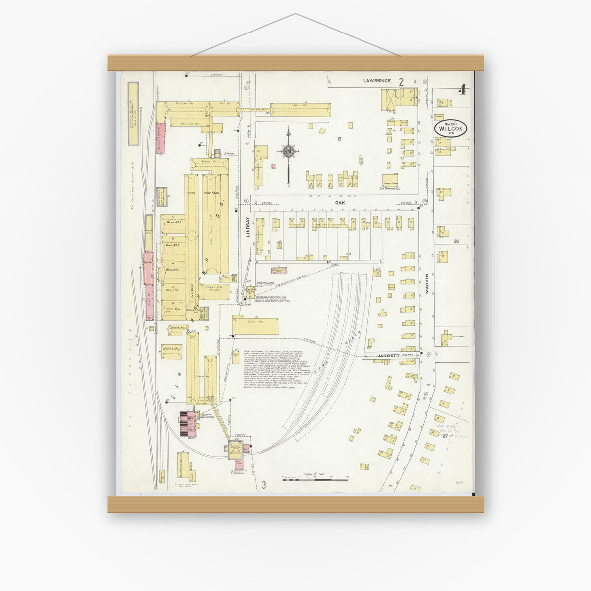 Old map wall art mockup — magnetic wood frame on white wall — Sanborn Fire Insurance Map from Wilcox, Elk County, Pennsylvania (1910), Sheet #0004