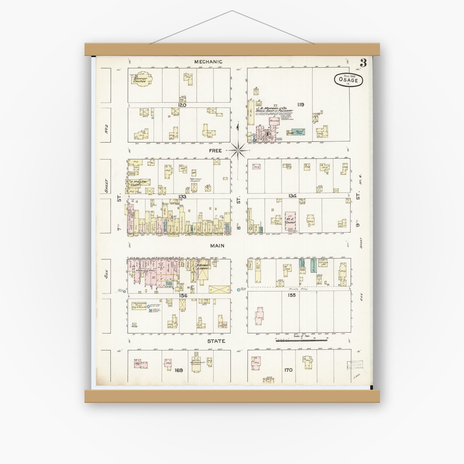 Old map wall art mockup — magnetic wood frame on white wall — Sanborn Fire Insurance Map from Osage, Mitchell County, Iowa (1888), Sheet #0003