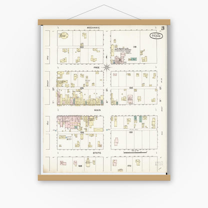 Old map wall art mockup — magnetic wood frame on white wall — Sanborn Fire Insurance Map from Osage, Mitchell County, Iowa (1888), Sheet #0003
