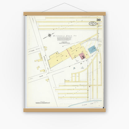 Old map wall art mockup — magnetic wood frame on white wall — Sanborn Fire Insurance Map from Cadillac, Wexford County, Michigan (1914), Sheet #0030