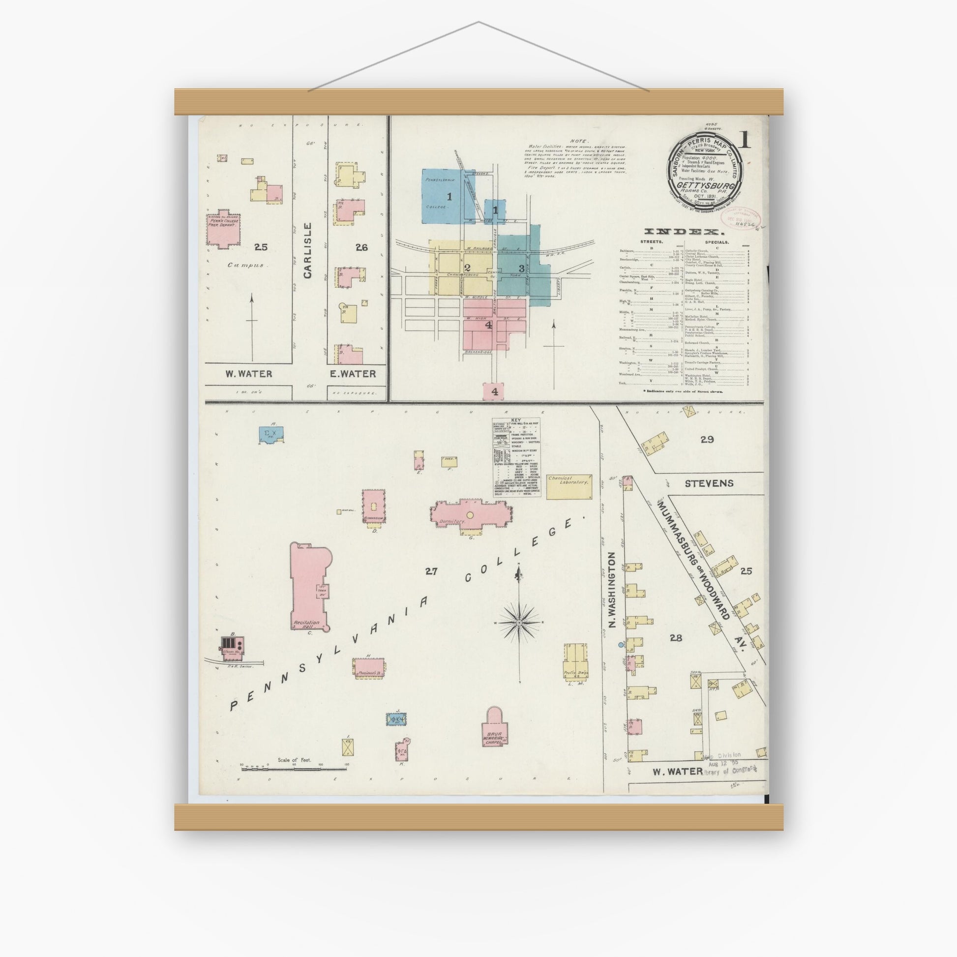 Old map wall art mockup — magnetic wood frame on white wall — Sanborn Fire Insurance Map from Gettysburg, Adams County, Pennsylvania (1891) - Complete Map Set