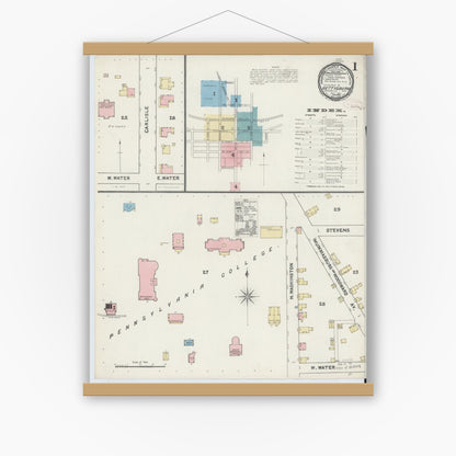Old map wall art mockup — magnetic wood frame on white wall — Sanborn Fire Insurance Map from Gettysburg, Adams County, Pennsylvania (1891) - Complete Map Set