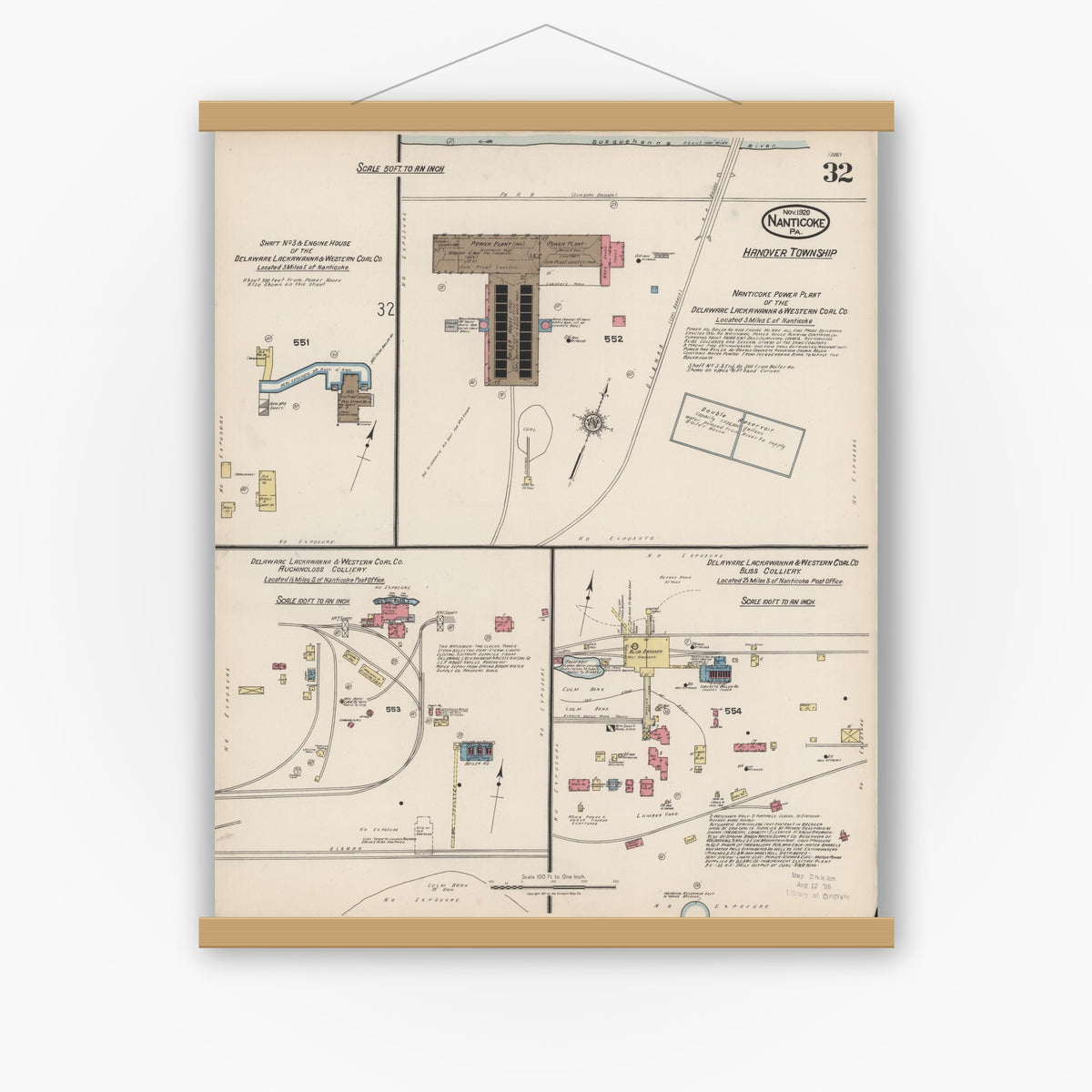 Old map wall art mockup — magnetic wood frame on white wall — Sanborn Fire Insurance Map from Nanticoke, Luzerne County, Pennsylvania (1920), Sheet #0032