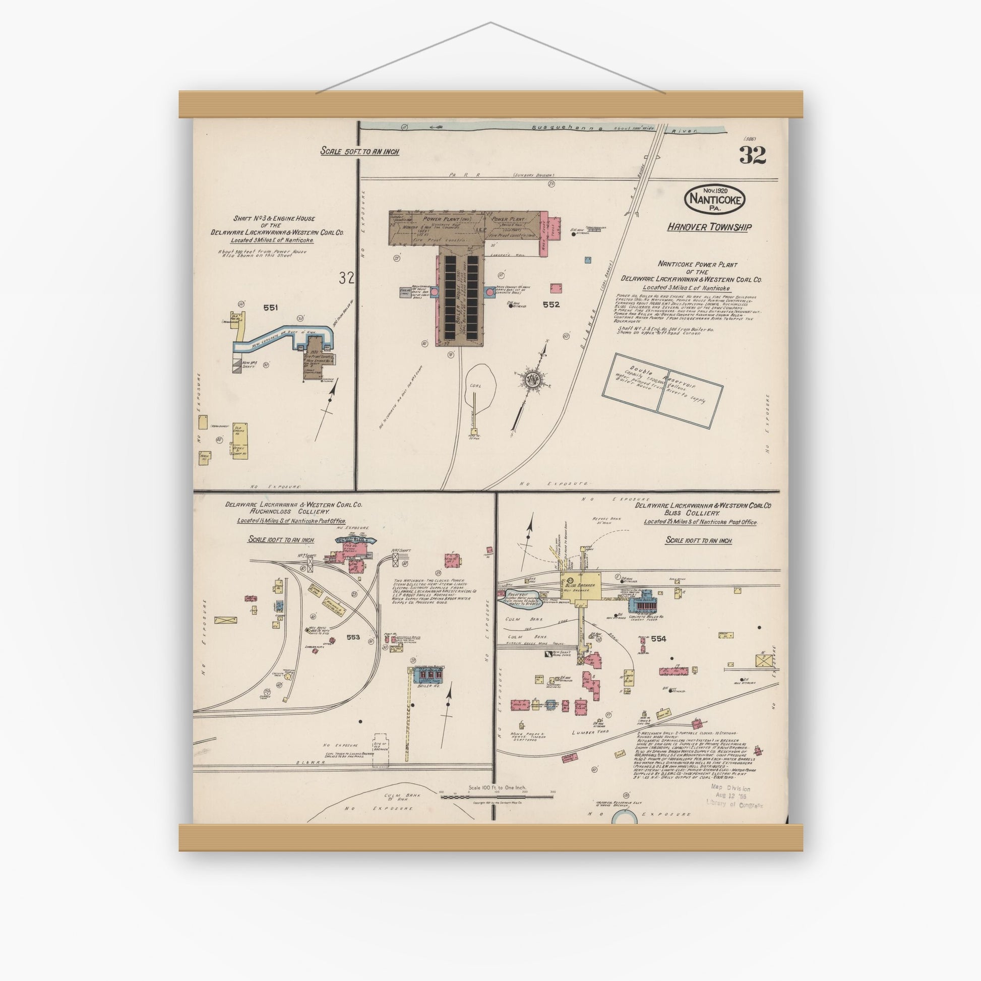 Old map wall art mockup — magnetic wood frame on white wall — Sanborn Fire Insurance Map from Nanticoke, Luzerne County, Pennsylvania (1920), Sheet #0032