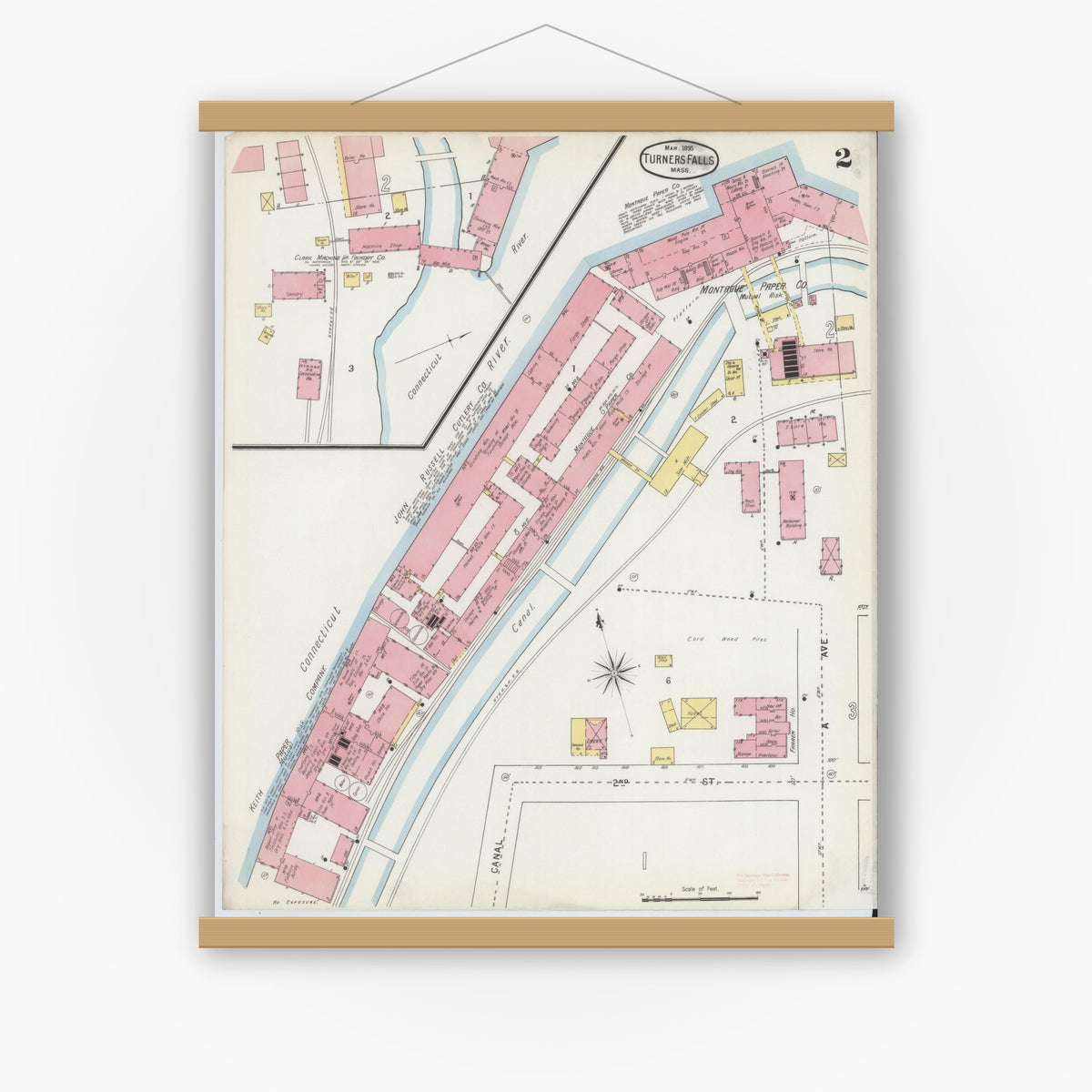 Old map wall art mockup — magnetic wood frame on white wall — Sanborn Fire Insurance Map from Turners Falls, Franklin County, Massachusetts (1895), Sheet #0002