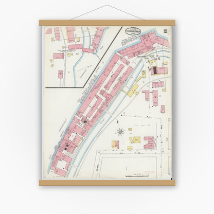 Old map wall art mockup — magnetic wood frame on white wall — Sanborn Fire Insurance Map from Turners Falls, Franklin County, Massachusetts (1895), Sheet #0002