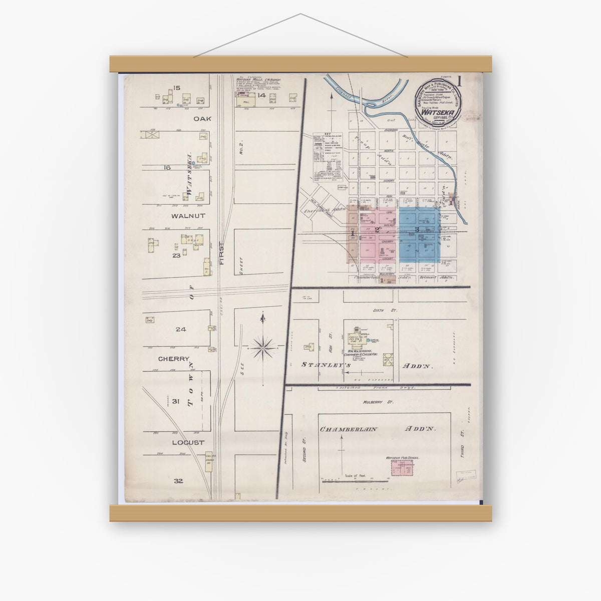 Old map wall art mockup — magnetic wood frame on white wall — Sanborn Fire Insurance Map from Watseka, Iroquois County, Illinois (1885) - Complete Map Set