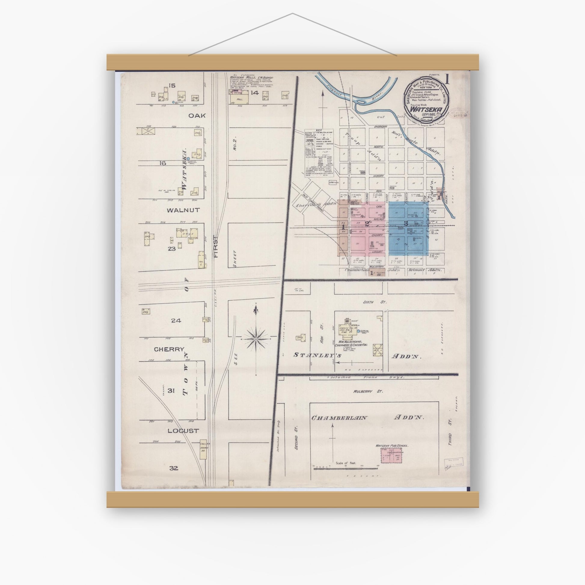 Old map wall art mockup — magnetic wood frame on white wall — Sanborn Fire Insurance Map from Watseka, Iroquois County, Illinois (1885) - Complete Map Set