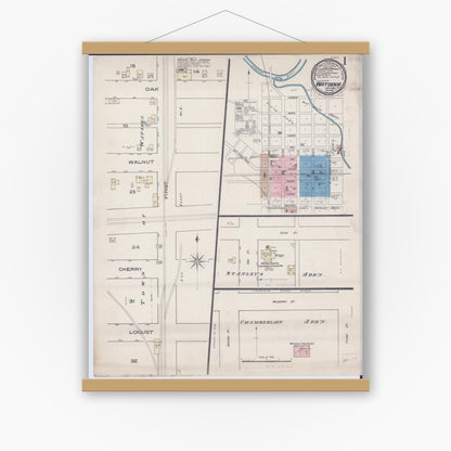 Old map wall art mockup — magnetic wood frame on white wall — Sanborn Fire Insurance Map from Watseka, Iroquois County, Illinois (1885) - Complete Map Set