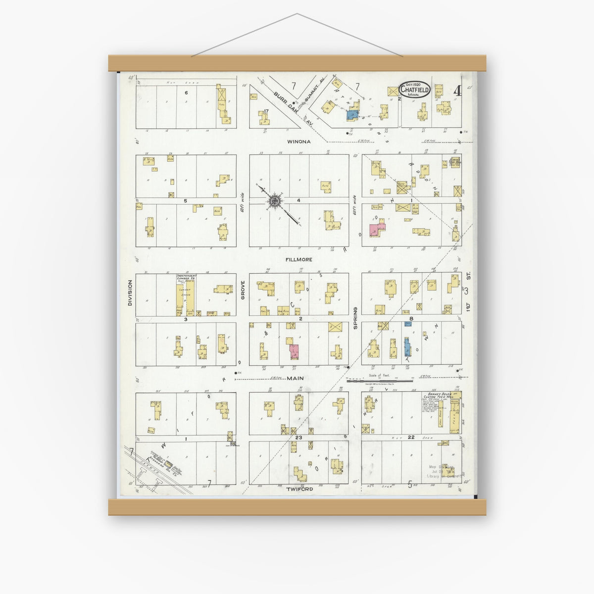 Old map wall art mockup — magnetic wood frame on white wall — Sanborn Fire Insurance Map from Chatfield, Fillmore And Olmsted Counties, Minnesota (1920), Sheet #0004