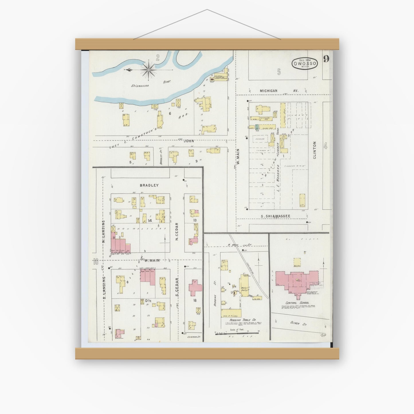 Old map wall art mockup — magnetic wood frame on white wall — Sanborn Fire Insurance Map from Owosso, Shiawassee County, Michigan (1894), Sheet #0009