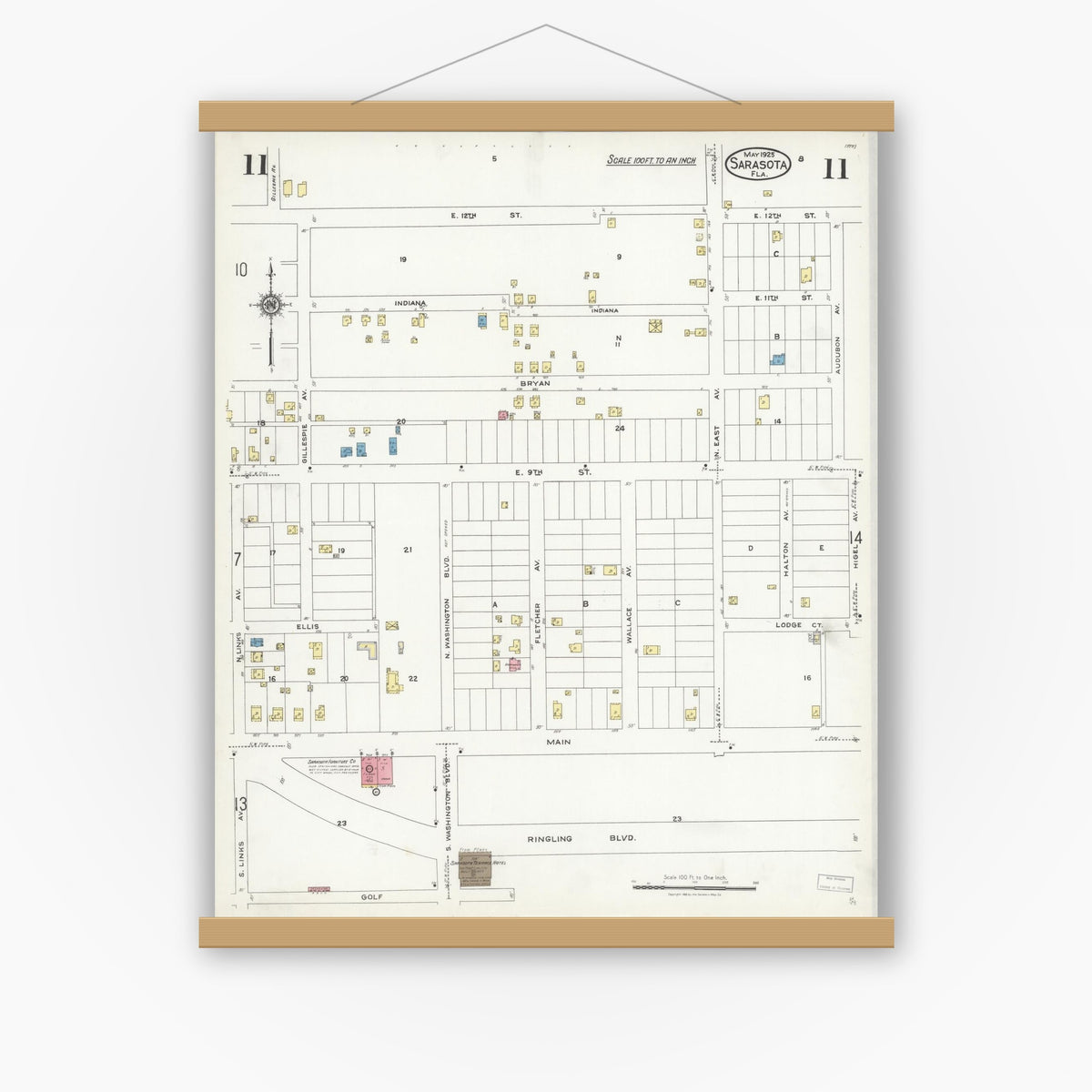 Old map wall art mockup — magnetic wood frame on white wall — Sanborn Fire Insurance Map from Sarasota, Sarasota County, Florida (1925), Sheet #0011