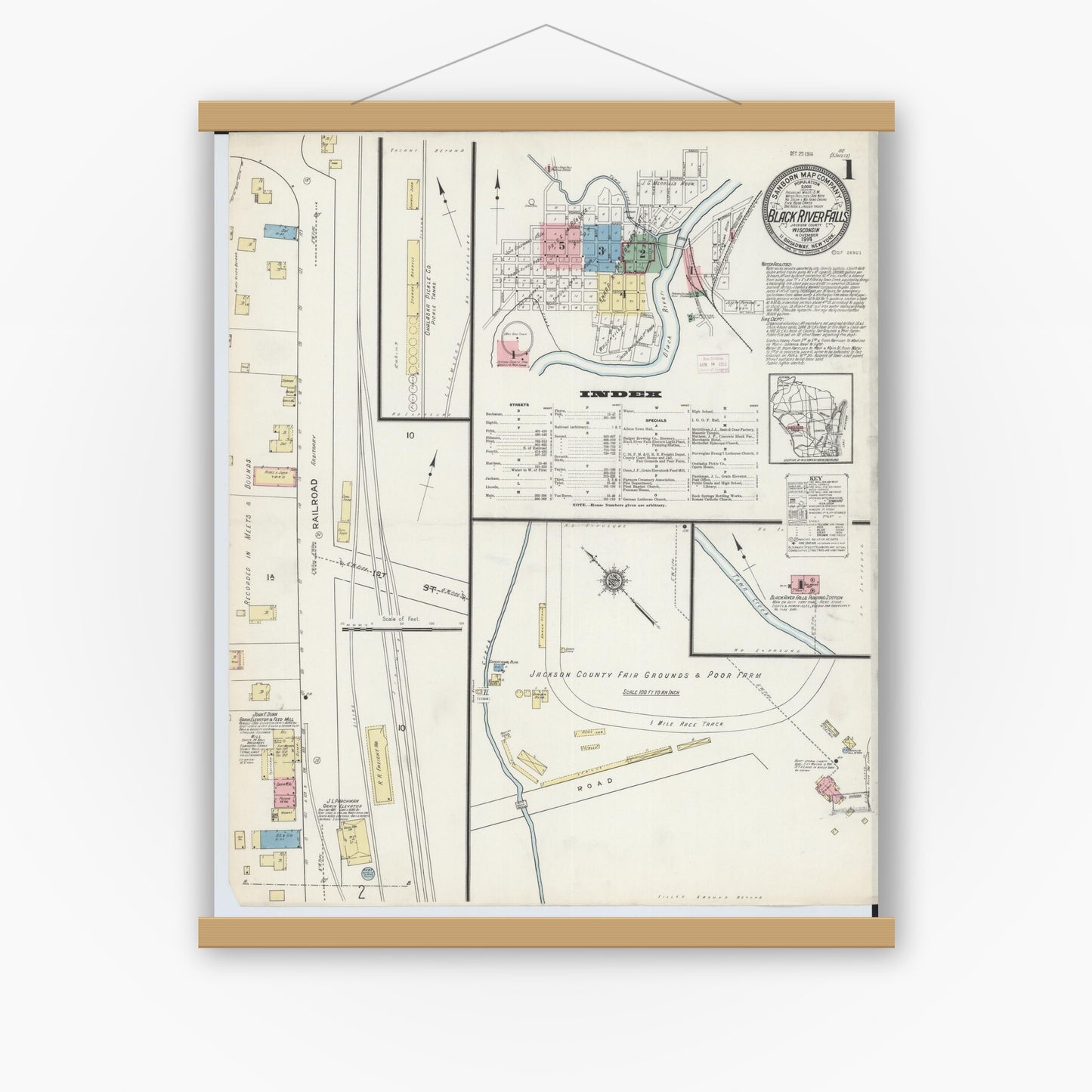 Old map wall art mockup — magnetic wood frame on white wall — Sanborn Fire Insurance Map from Black River Falls, Jackson County, Wisconsin (1914) - Complete Map Set