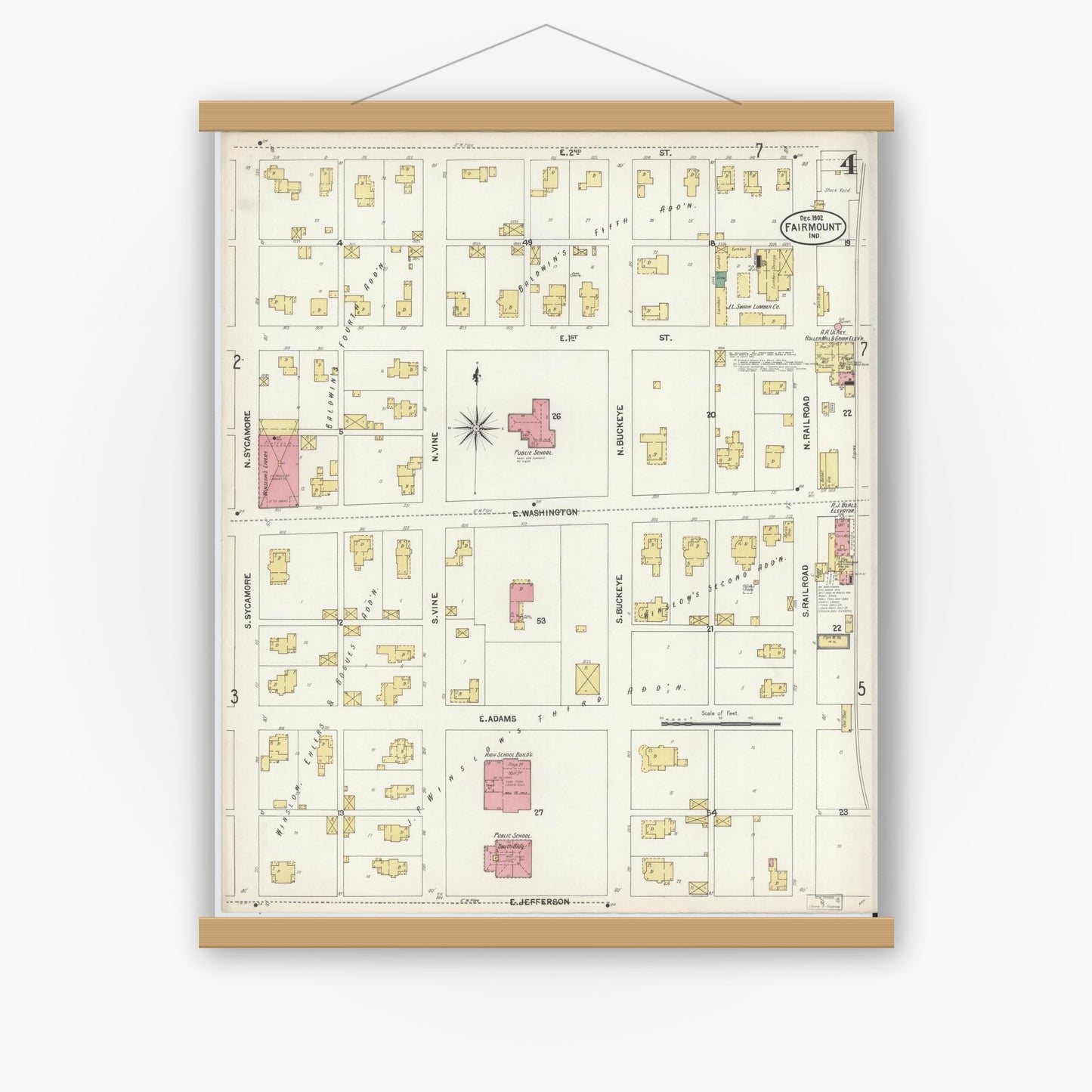 Old map wall art mockup — magnetic wood frame on white wall — Sanborn Fire Insurance Map from Fairmount, Grant County, Indiana (1902), Sheet #0004
