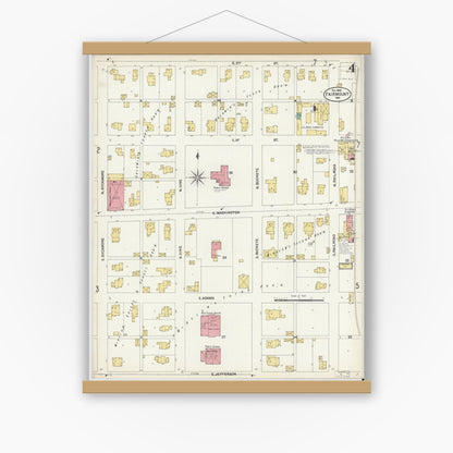 Old map wall art mockup — magnetic wood frame on white wall — Sanborn Fire Insurance Map from Fairmount, Grant County, Indiana (1902), Sheet #0004