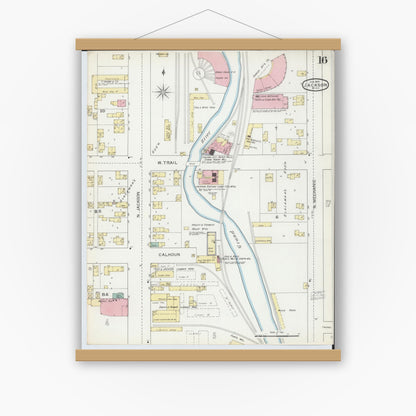 Old map wall art mockup — magnetic wood frame on white wall — Sanborn Fire Insurance Map from Jackson, Jackson County, Michigan (1893), Sheet #0016