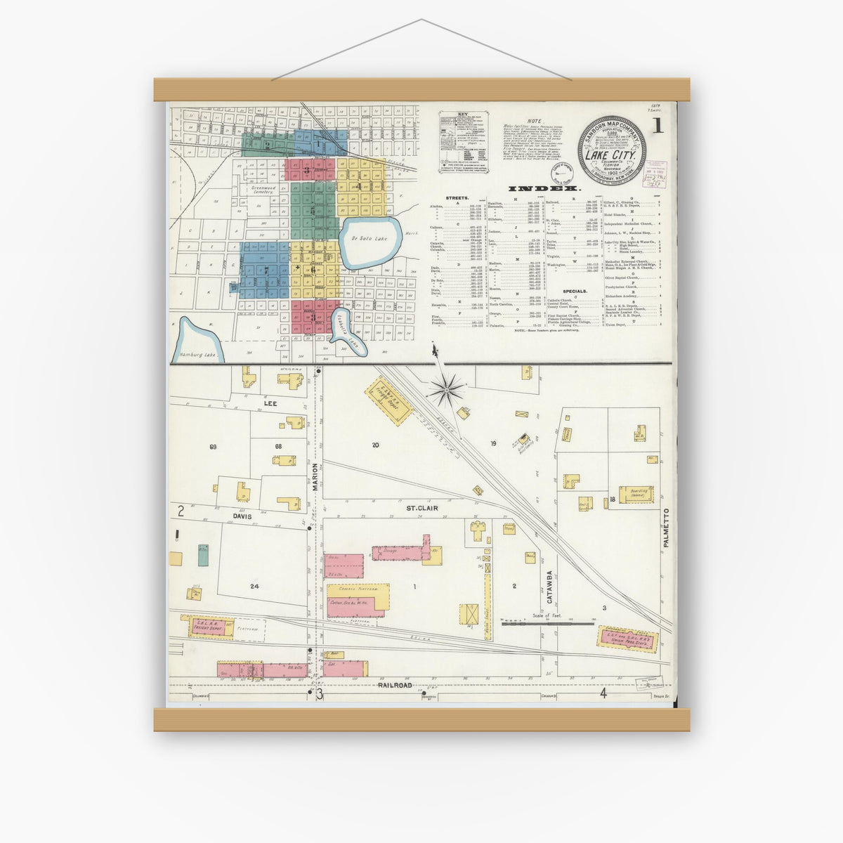Old map wall art mockup — magnetic wood frame on white wall — Sanborn Fire Insurance Map from Lake City, Columbia County, Florida (1902) - Complete Map Set