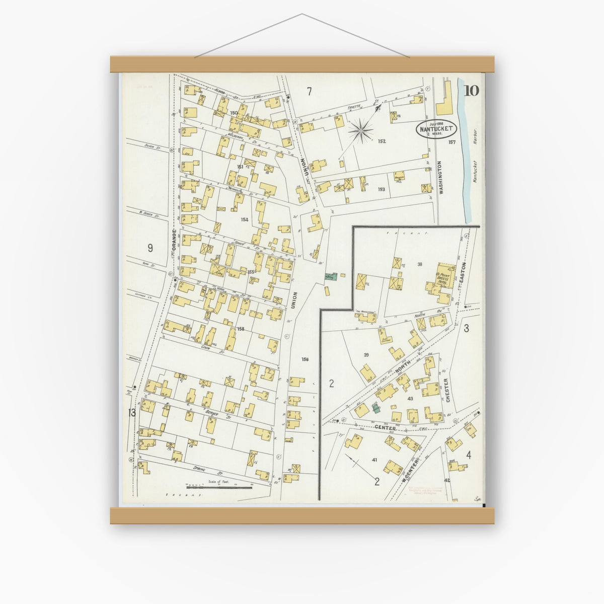 Old map wall art mockup — magnetic wood frame on white wall — Sanborn Fire Insurance Map from Nantucket, Nantucket County, Massachusetts (1898), Sheet #0010