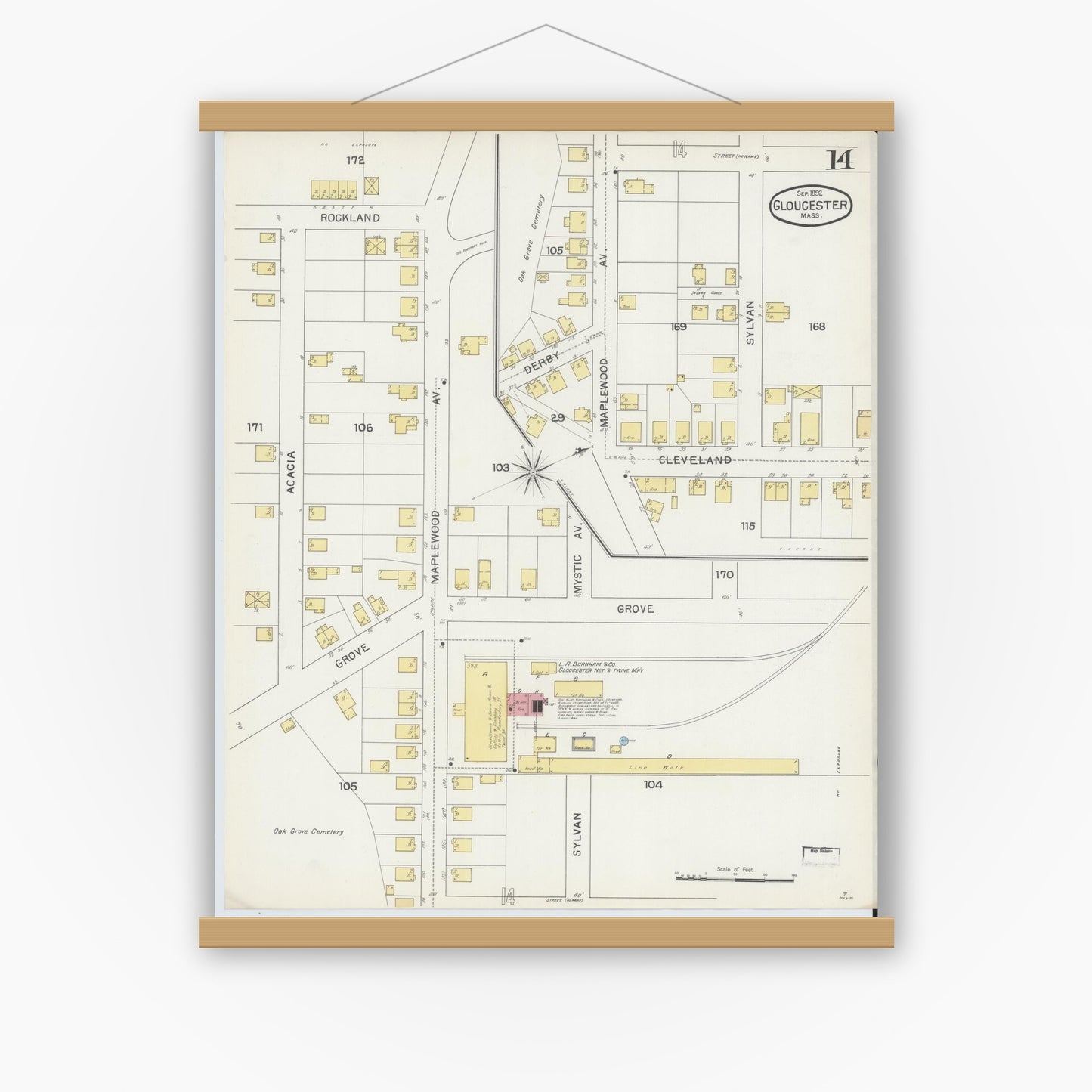 Old map wall art mockup — magnetic wood frame on white wall — Sanborn Fire Insurance Map from Gloucester, Essex County, Massachusetts (1892), Sheet #0014