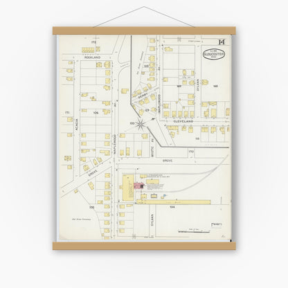 Old map wall art mockup — magnetic wood frame on white wall — Sanborn Fire Insurance Map from Gloucester, Essex County, Massachusetts (1892), Sheet #0014