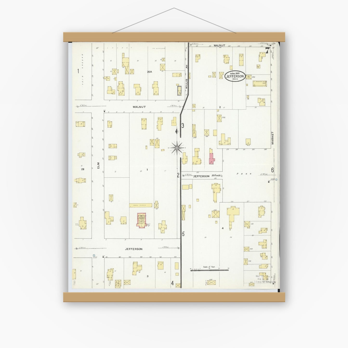 Old map wall art mockup — magnetic wood frame on white wall — Sanborn Fire Insurance Map from Jefferson, Ashtabula County, Ohio (1909), Sheet #0007
