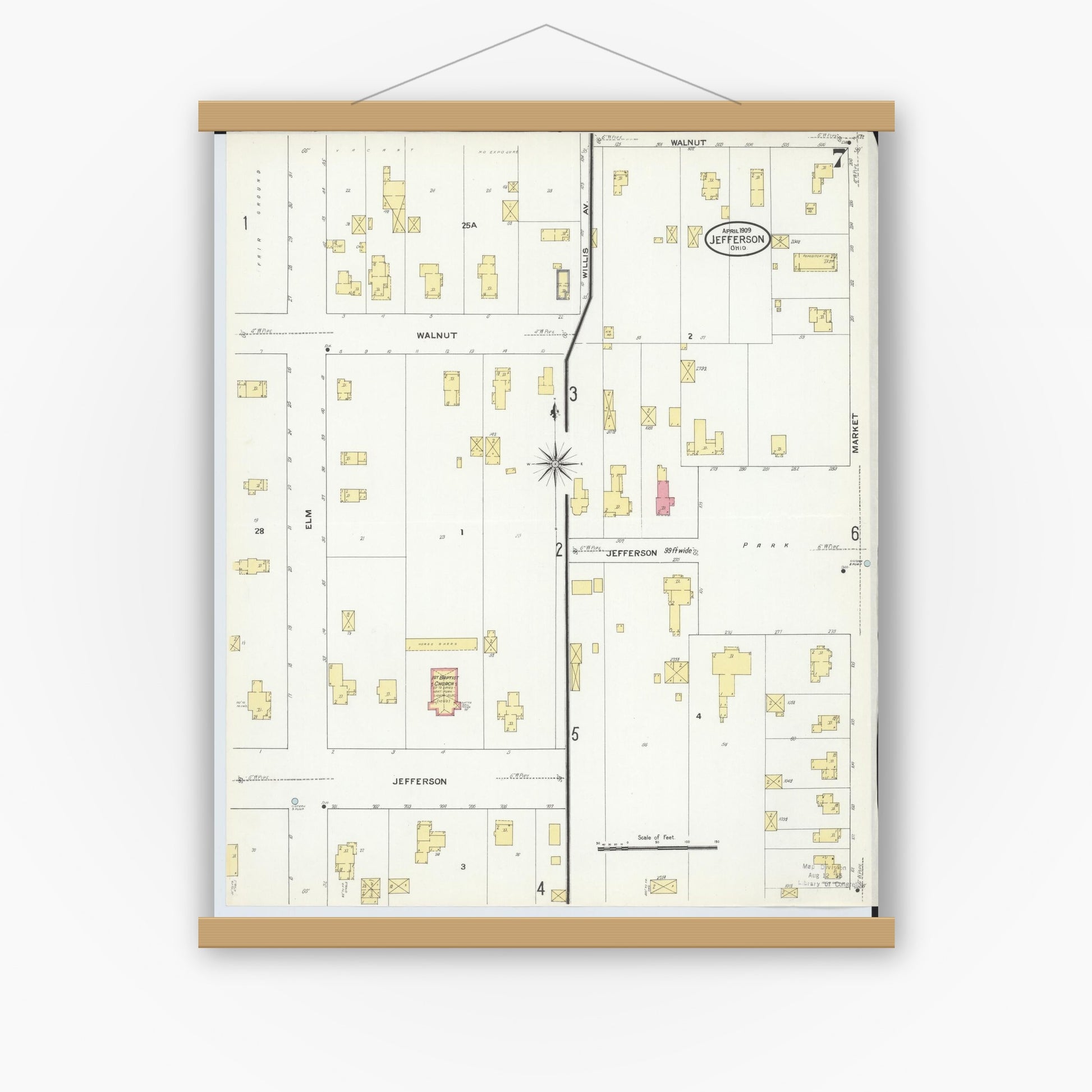 Old map wall art mockup — magnetic wood frame on white wall — Sanborn Fire Insurance Map from Jefferson, Ashtabula County, Ohio (1909), Sheet #0007