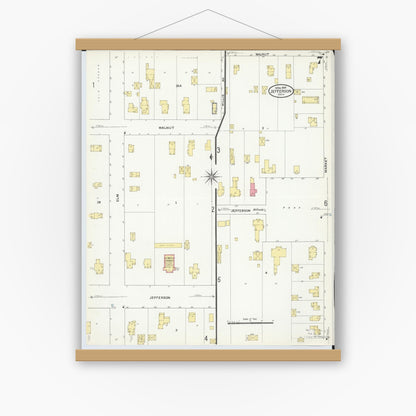 Old map wall art mockup — magnetic wood frame on white wall — Sanborn Fire Insurance Map from Jefferson, Ashtabula County, Ohio (1909), Sheet #0007