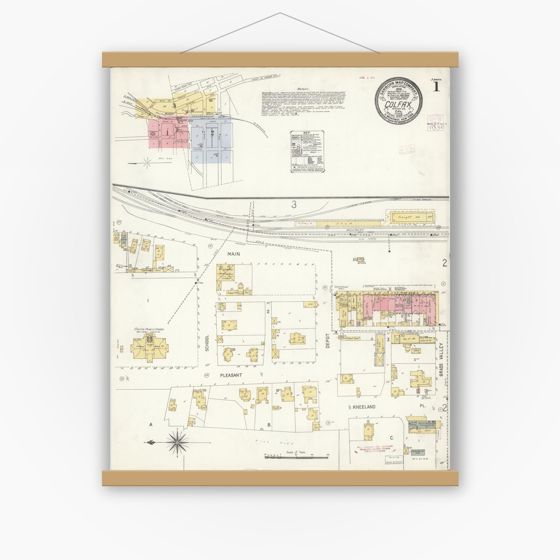 Old map wall art mockup — magnetic wood frame on white wall — Sanborn Fire Insurance Map from Colfax, Placer County, California (1907) - Complete Map Set