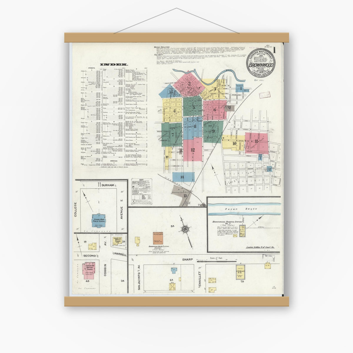 Old map wall art mockup — magnetic wood frame on white wall — Sanborn Fire Insurance Map from Brownwood, Brown County, Texas (1909) - Complete Map Set