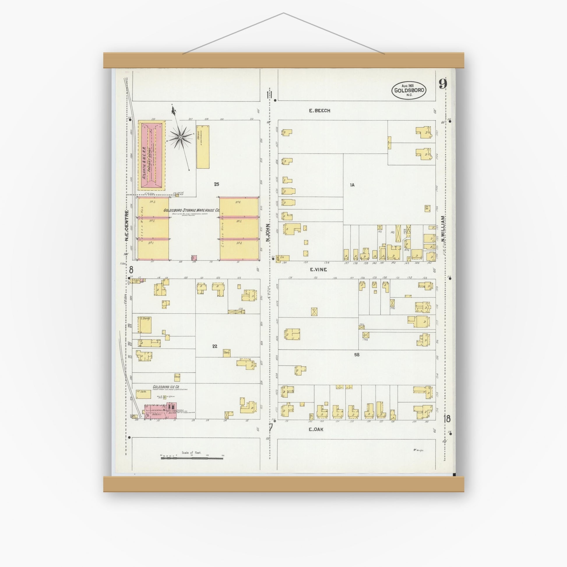 Old map wall art mockup — magnetic wood frame on white wall — Sanborn Fire Insurance Map from Goldsboro, Wayne County, North Carolina (1901), Sheet #0009