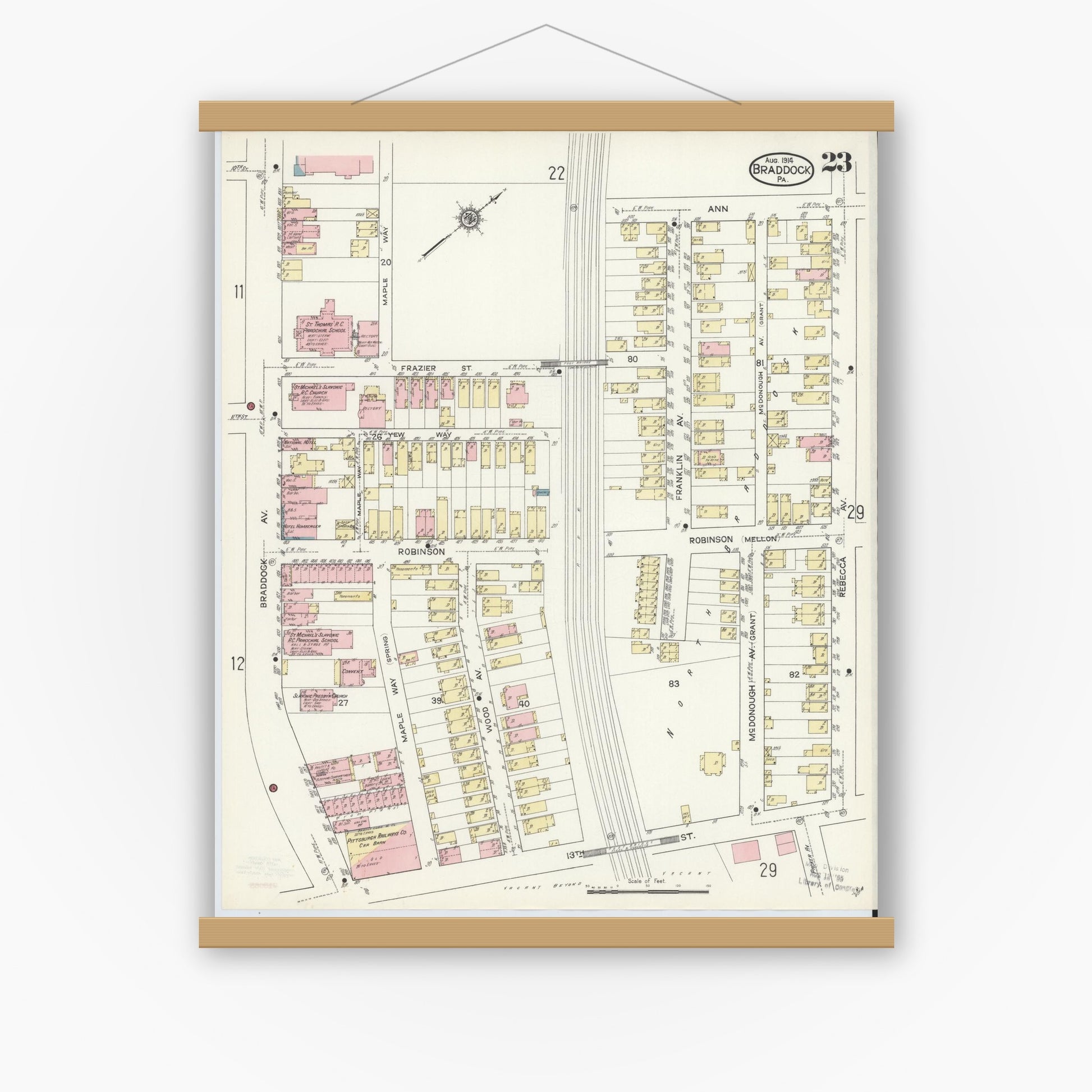 Old map wall art mockup — magnetic wood frame on white wall — Sanborn Fire Insurance Map from Braddock, Allegheny County, Pennsylvania (1914), Sheet #0023